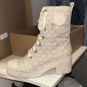 Michael Kors Monogram Lace-Up Boots in Cream